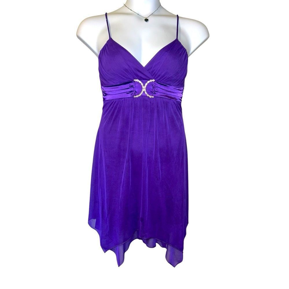 Deb Purple Babydoll Handkerchief Hem Princess Dress with Rhinestone Belt Medium